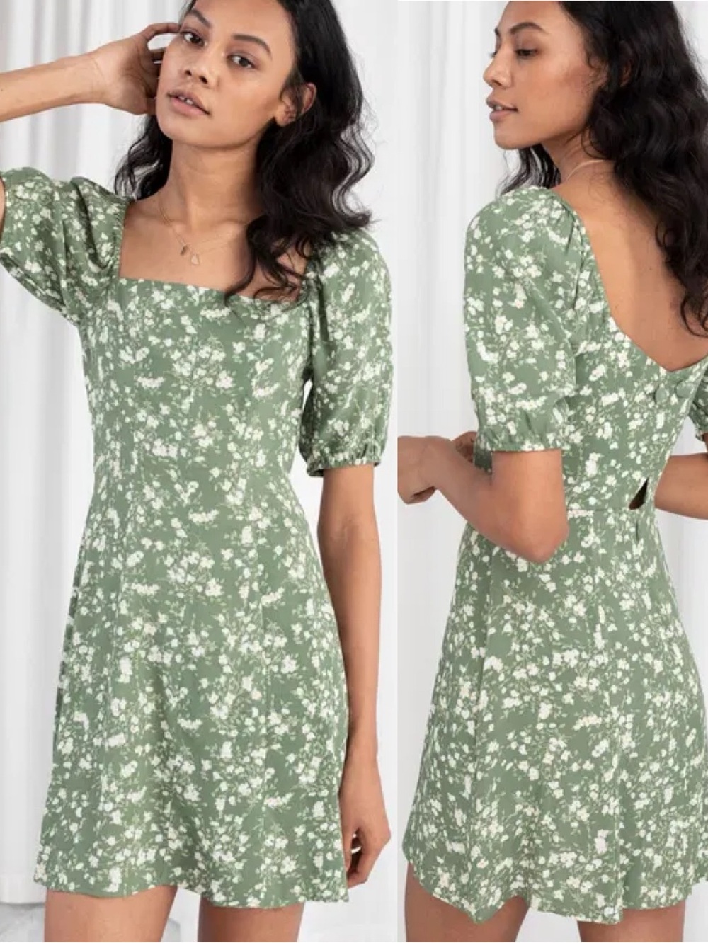 & Other Stories Green and White Floral Mini Dress